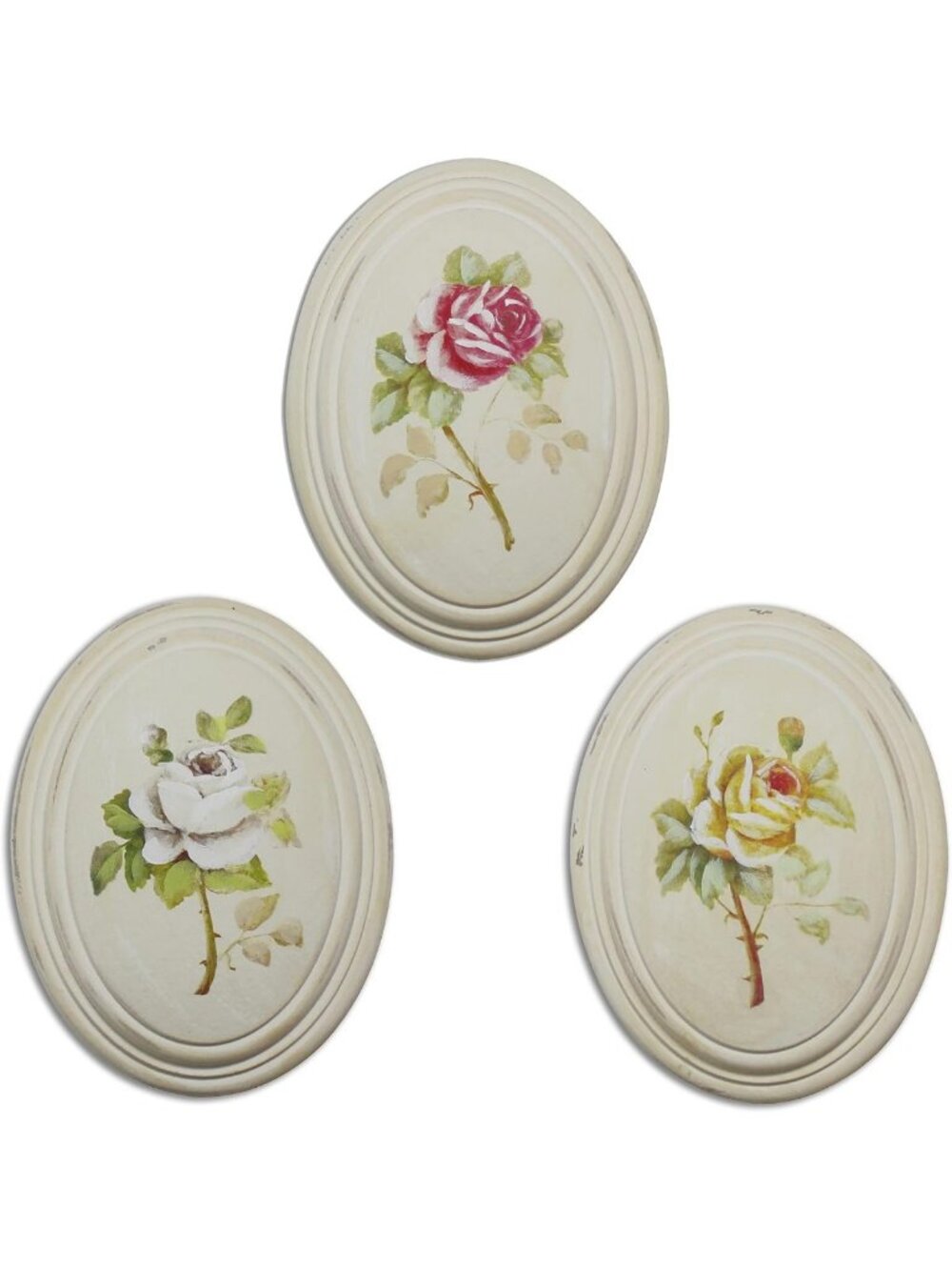 Hand-Painted Oval Wooden Frame Wall Art - 3D Rose Flower Decor, Set of 3